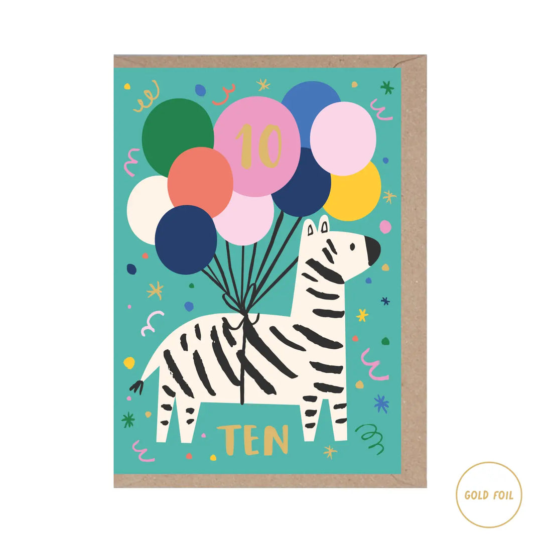 Age 10 Zebra Birthday Card