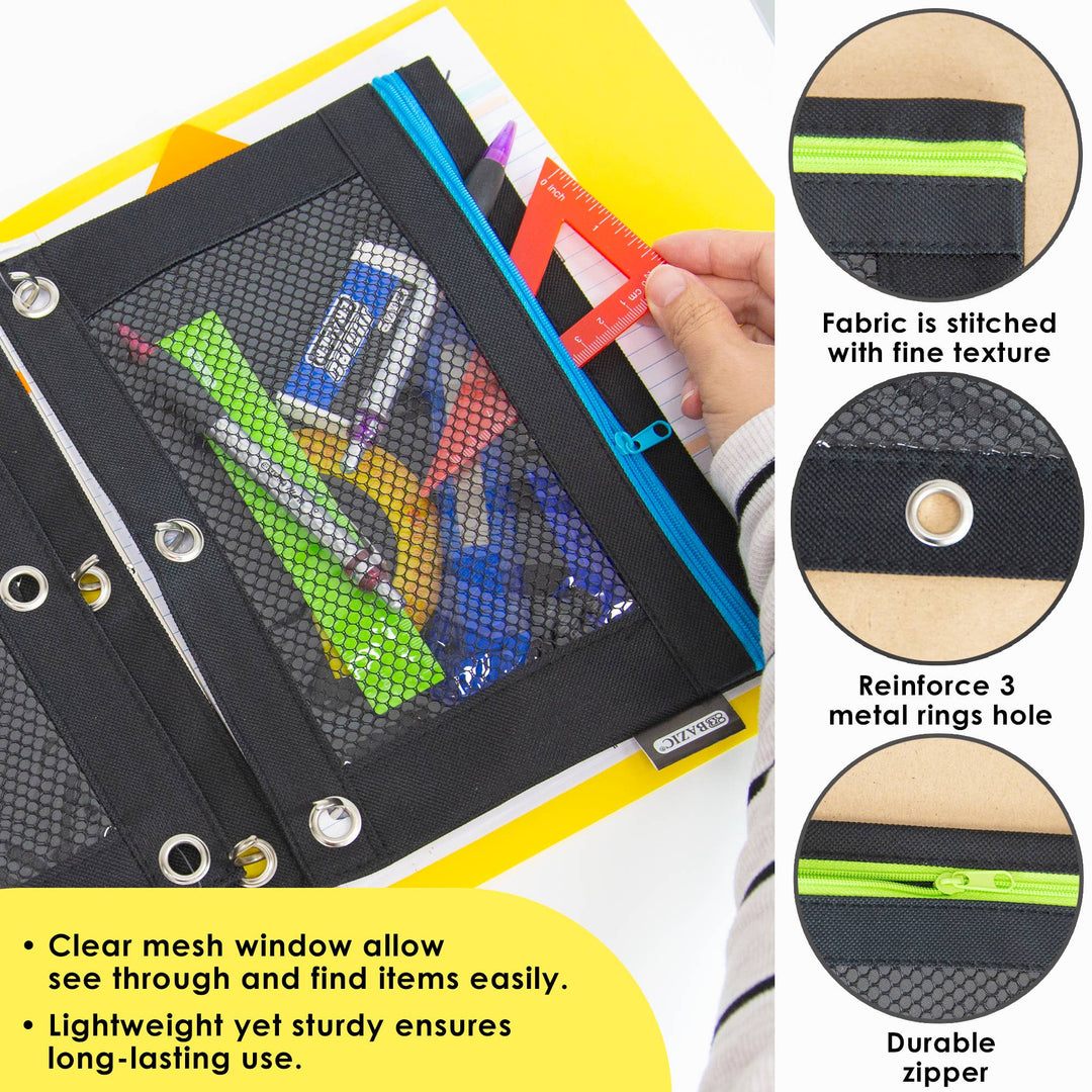 Noir Neon 3-Ring Pencil Pouch with Mesh Window