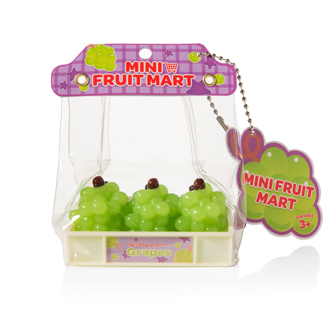 Miniature green grapes in a clear packaging with 'Mini Fruit Mart' branding on a white background.