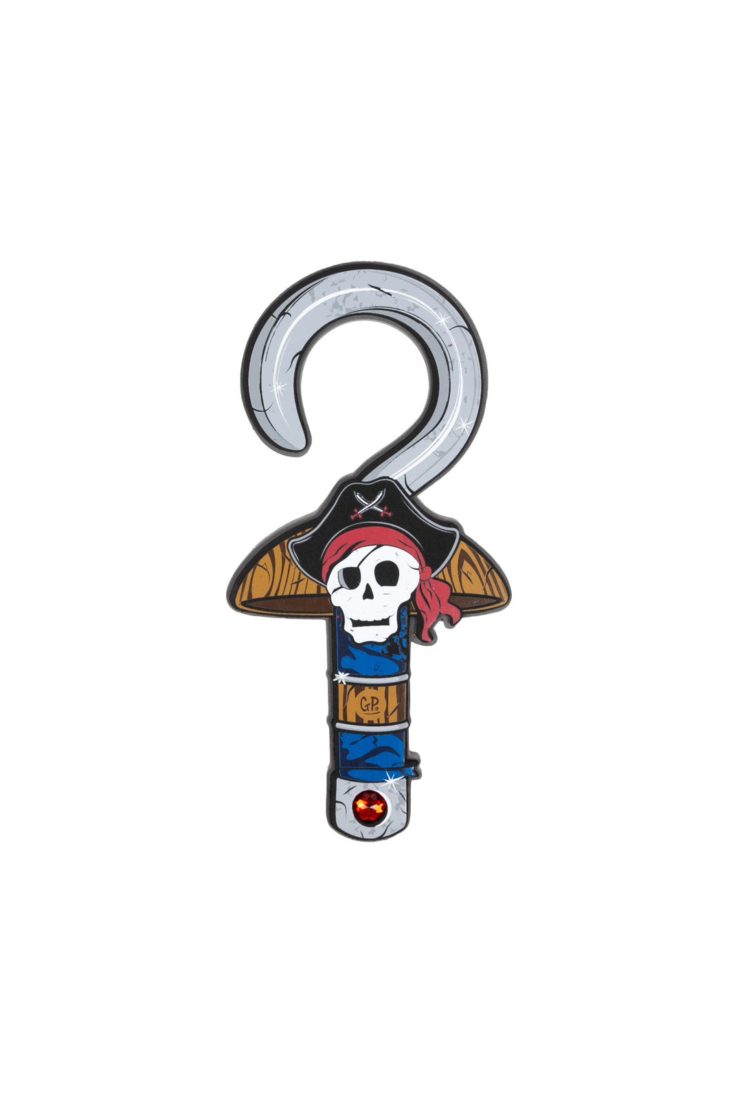 Pirate-themed hook with skull design on a white background