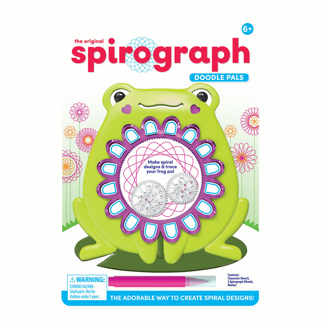 The original Spirograph Doodle Pals activity book cover, featuring a bright green cartoon frog holding a purple and white spiral design tool, with a pink and purple pen at the bottom on a white background.