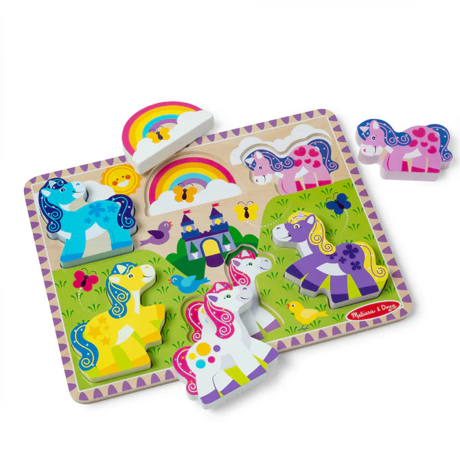 Children's wooden puzzle with colorful horse figures on a white background
