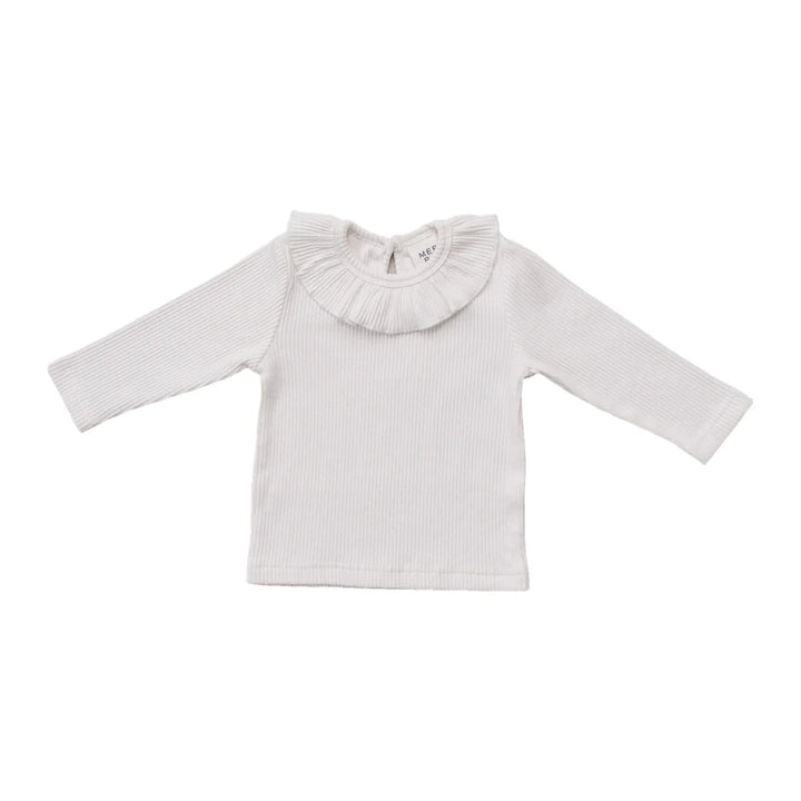 White Ribbed Ruffle Long Sleeve Top