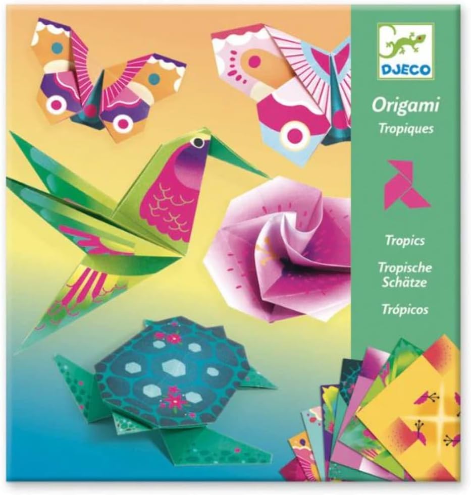 A colorful origami kit packaging with various origami papers and a bird figure, showcasing a vibrant and artistic design.