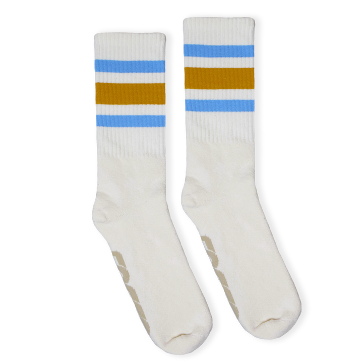 Adult L/XL Blue & Brass Striped Socks