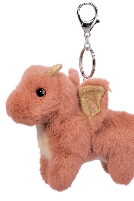 Plush dragon keychain with gold wings on a white background