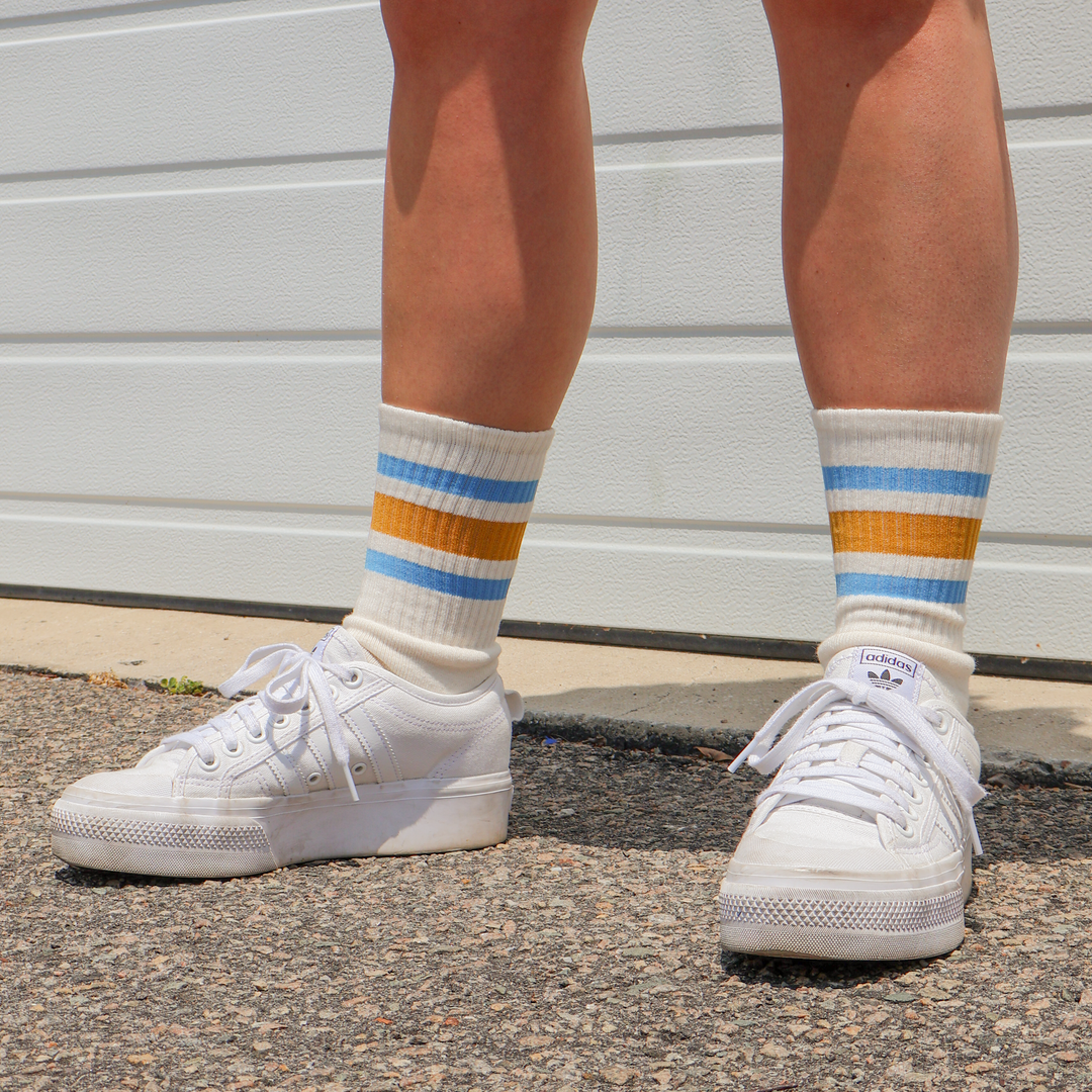 Adult S/M Blue & Brass Striped Socks