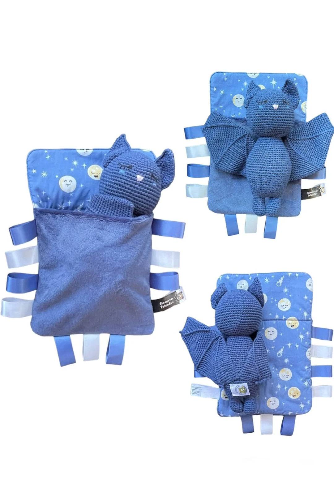 Set of blue cat-shaped soft toys with ribbons on a white background