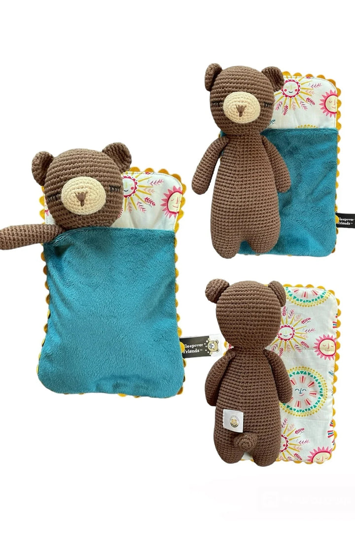 set of 3 crochet bear stuffed animals with sleeping bags