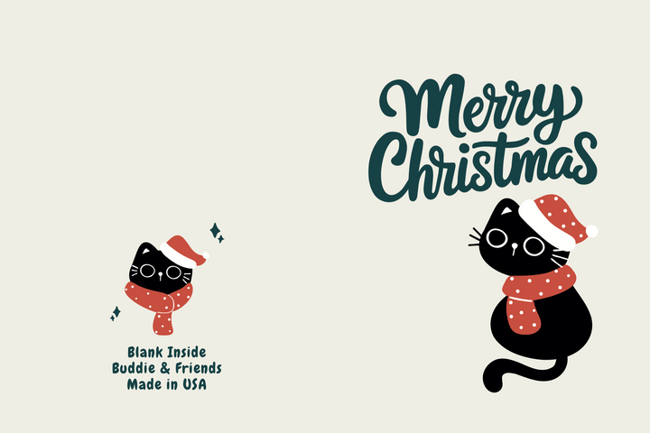 Black cat in Santa hat and scarf with Merry Christmas written in cursive on a plain background