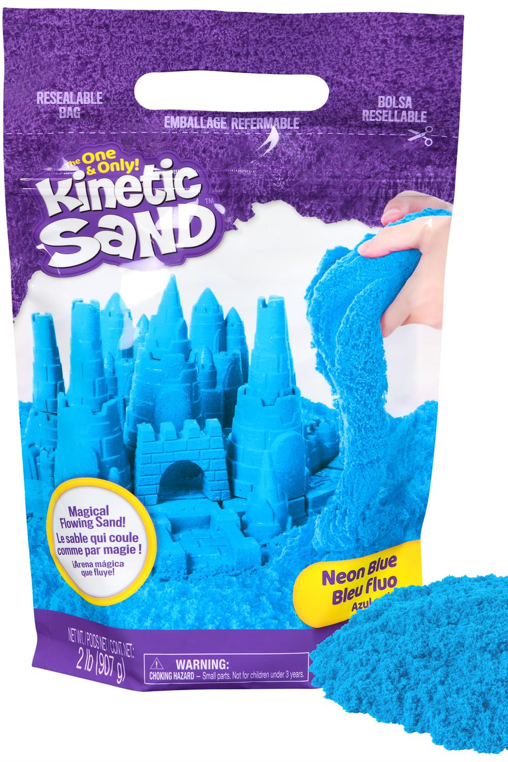 Photo of 2-Lb bag kinetic sand. Blue sand and purple background. Handled resealable bag. 