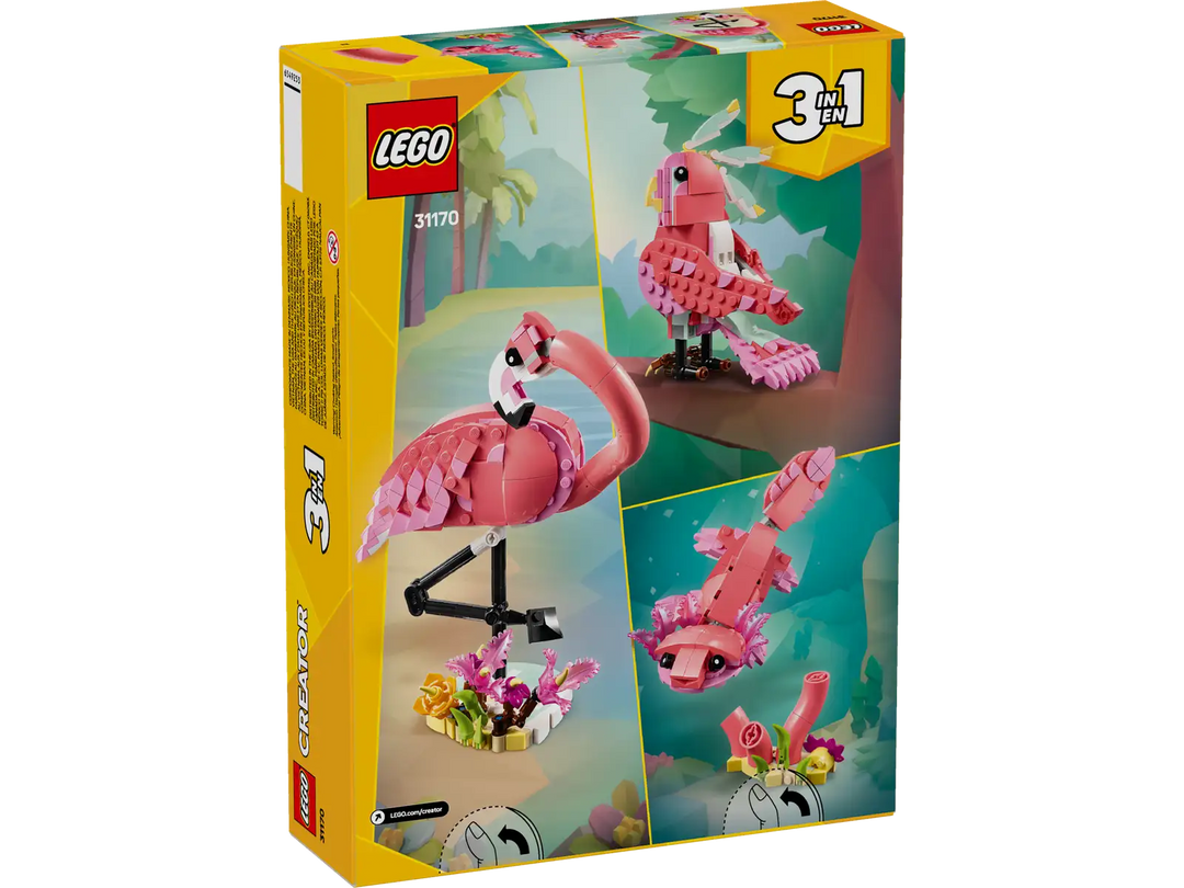 LEGO set packaging with pink flamingo, parrot, and seahorse figures on a white background