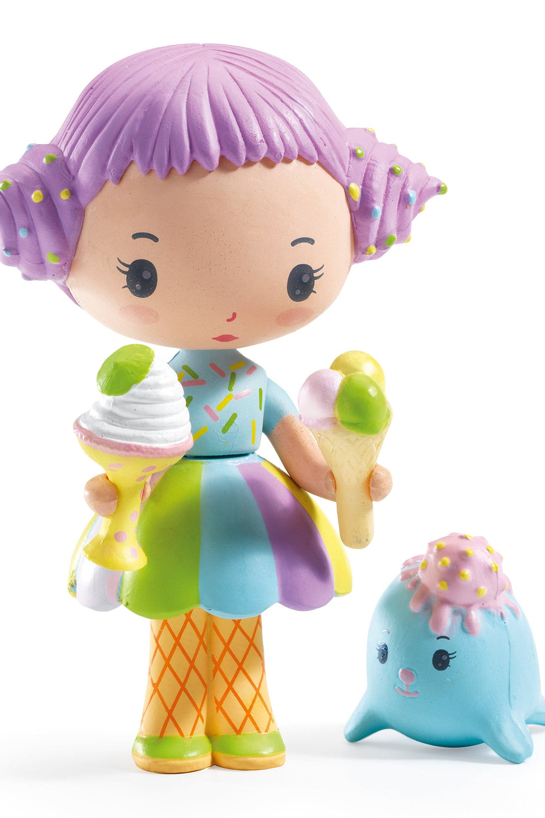 Colorful toy figure with purple hair holding ice cream cones on a white background