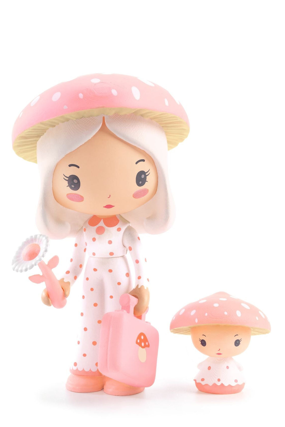 Toy figure with a pink mushroom hat and suitcase on a white background