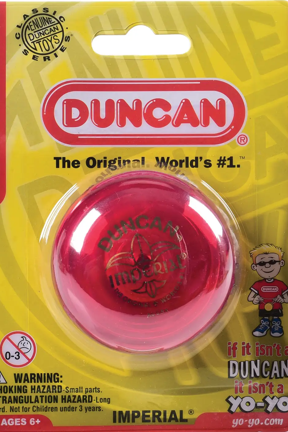 Red yo-yo in yellow packaging with Duncan logo