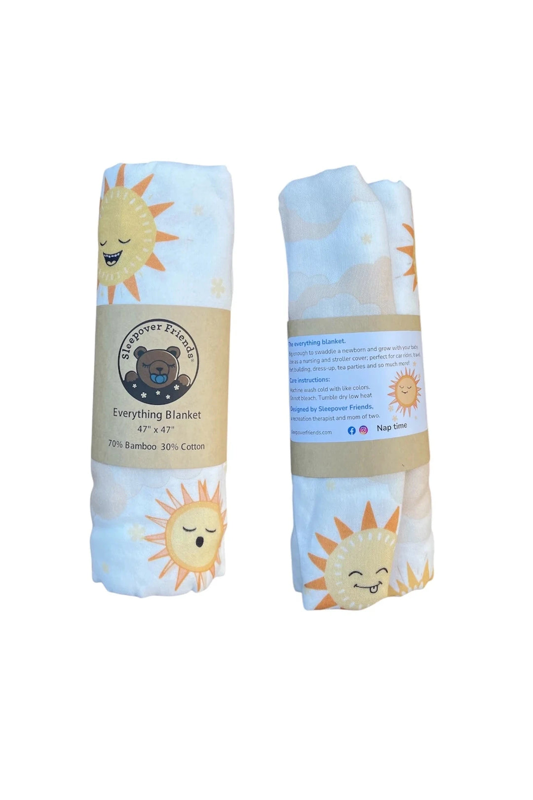 Two folded baby blankets with sun designs and labels on a white background