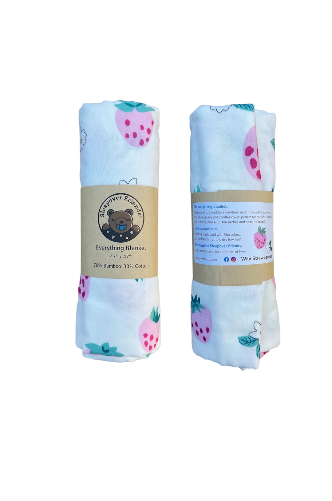 Two baby blankets with strawberry pattern and 'Bamboo Tree' branding on a white background