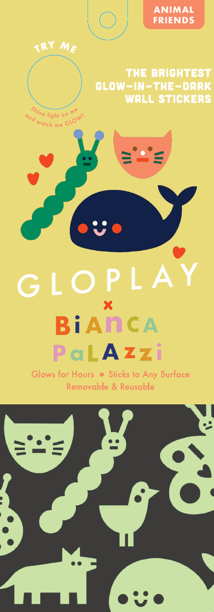 Glow-in-the-dark wall stickers with animal designs and Glooplay branding on a yellow and black background.