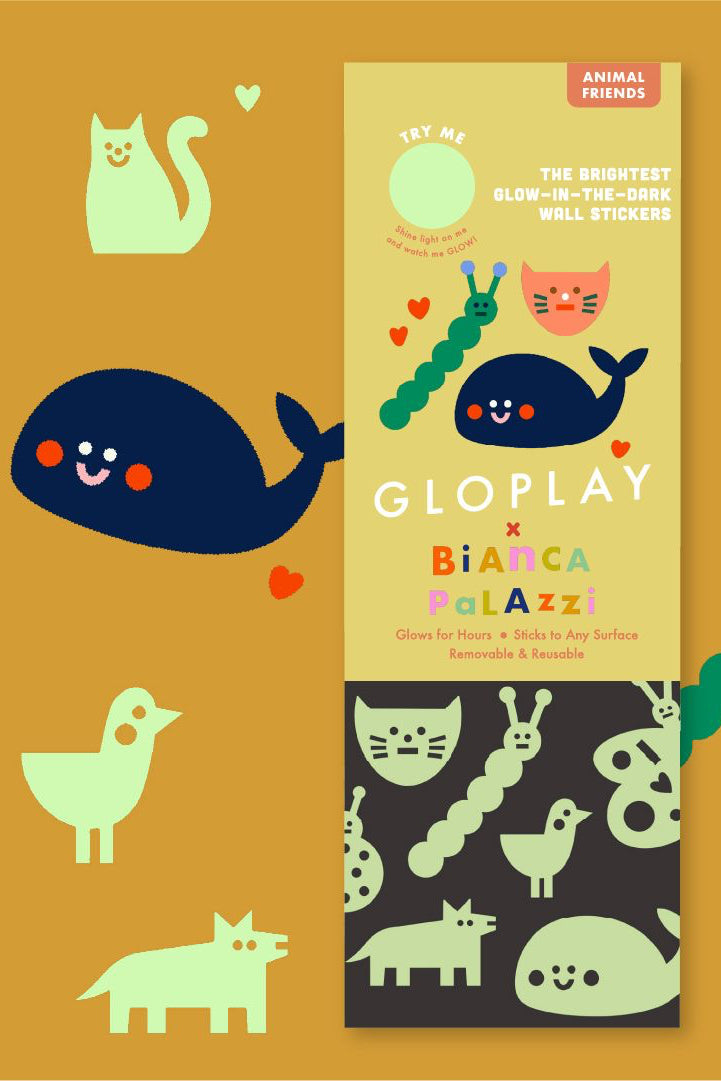 GloPlay wall stickers packaging with colorful animal illustrations on a mustard background