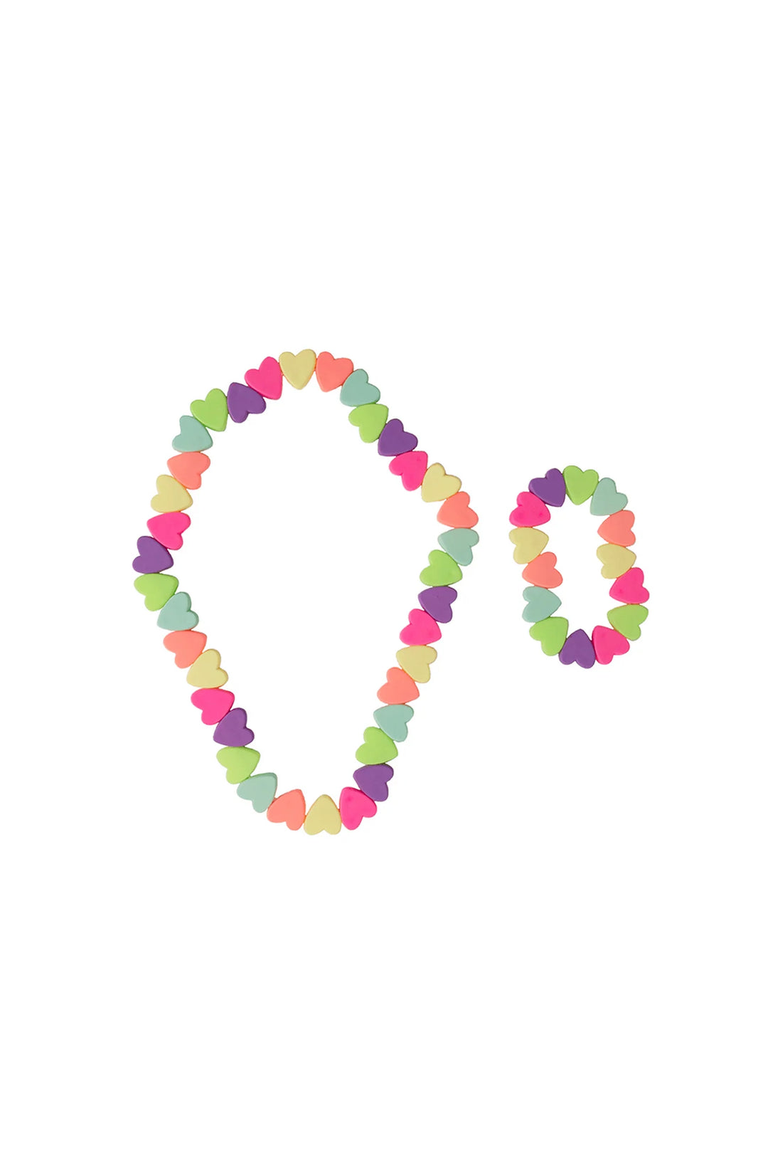 Photo of heart necklace and bracelet with multiple colors of pink, yellow, orange, blue, green, purple. 