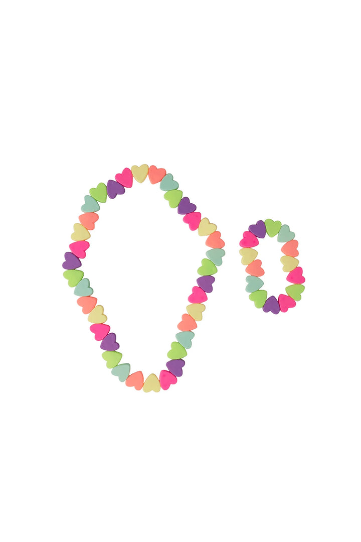 Photo of heart necklace and bracelet with multiple colors of pink, yellow, orange, blue, green, purple. 