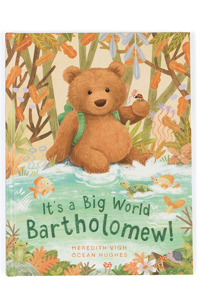 Book cover with a teddy bear in a forest setting and text 'It's a Big World Bartholomew!'.
