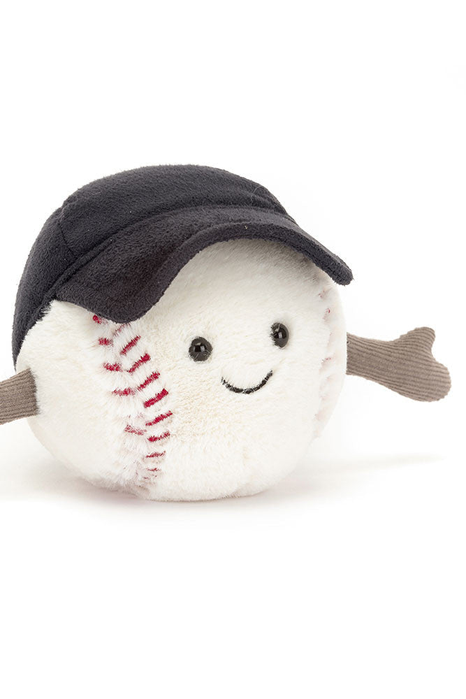 Stuffed toy resembling a baseball with a face, black cap, and bat on a white background
