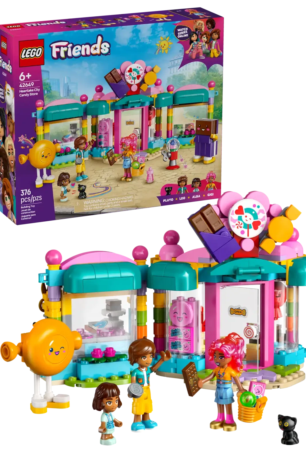 LEGO Friends toy set with colorful building and figures, including packaging.