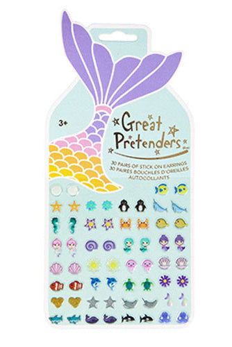 Packaging of 'Great Pretenders' stick on earrings, featuring various colorful character-themed earrings through a transparent window.