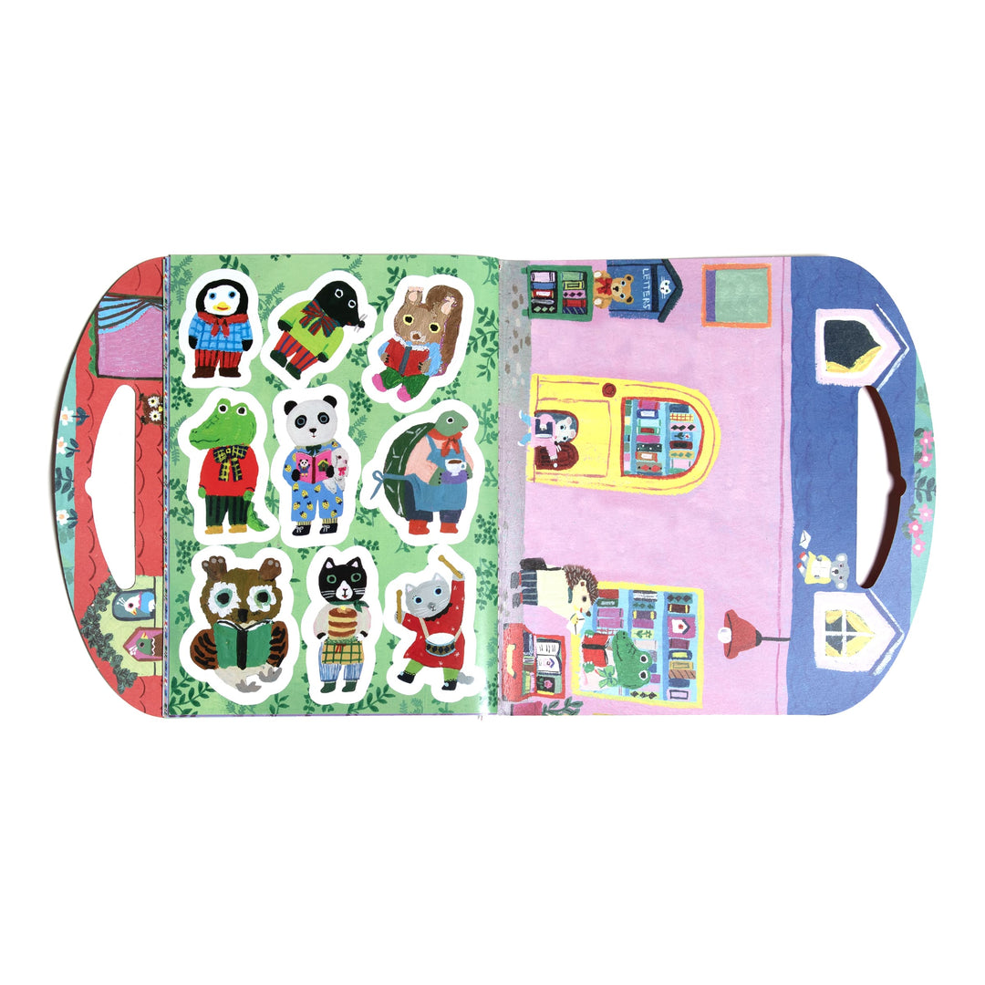 Children's sticker book with animal illustrations on a white background