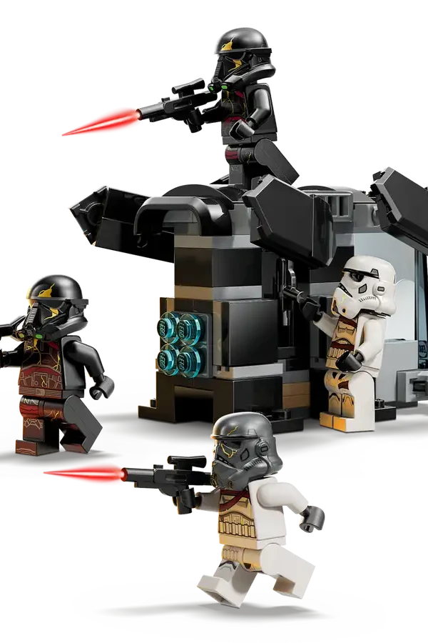 LEGO Star Wars set with stormtroopers and a battle pod on a white background