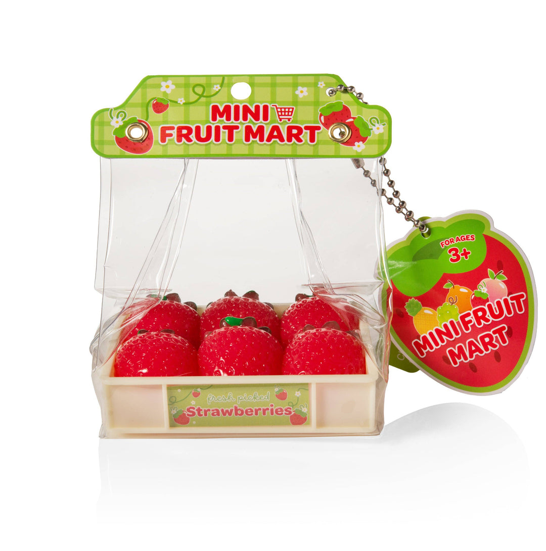 Miniature strawberries in a packaging with 'Mini Fruit Mart' branding on a white background.