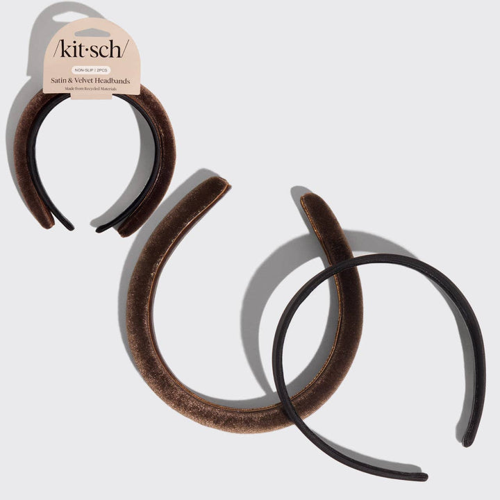 Recycled Fabric Satin & Velvet Headbands 2pc Set-Black/Choco
