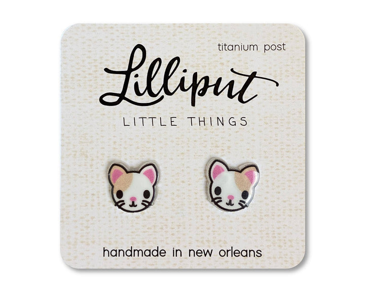 Kitty Cat Earrings : White w/ Brown Spot