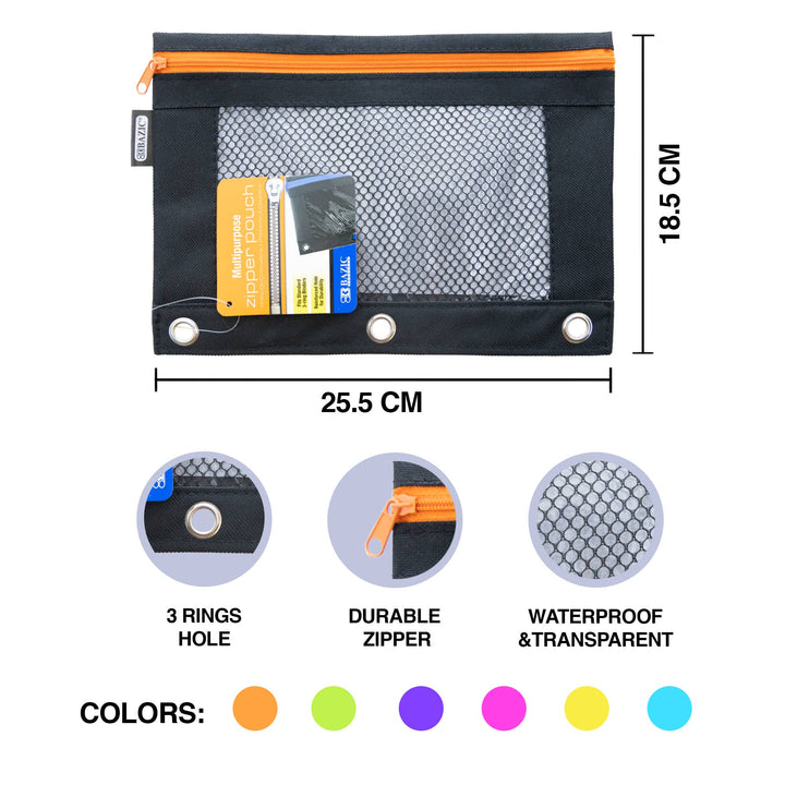 Noir Neon 3-Ring Pencil Pouch with Mesh Window