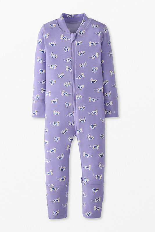 Purple onesie with animal pattern on a white background
