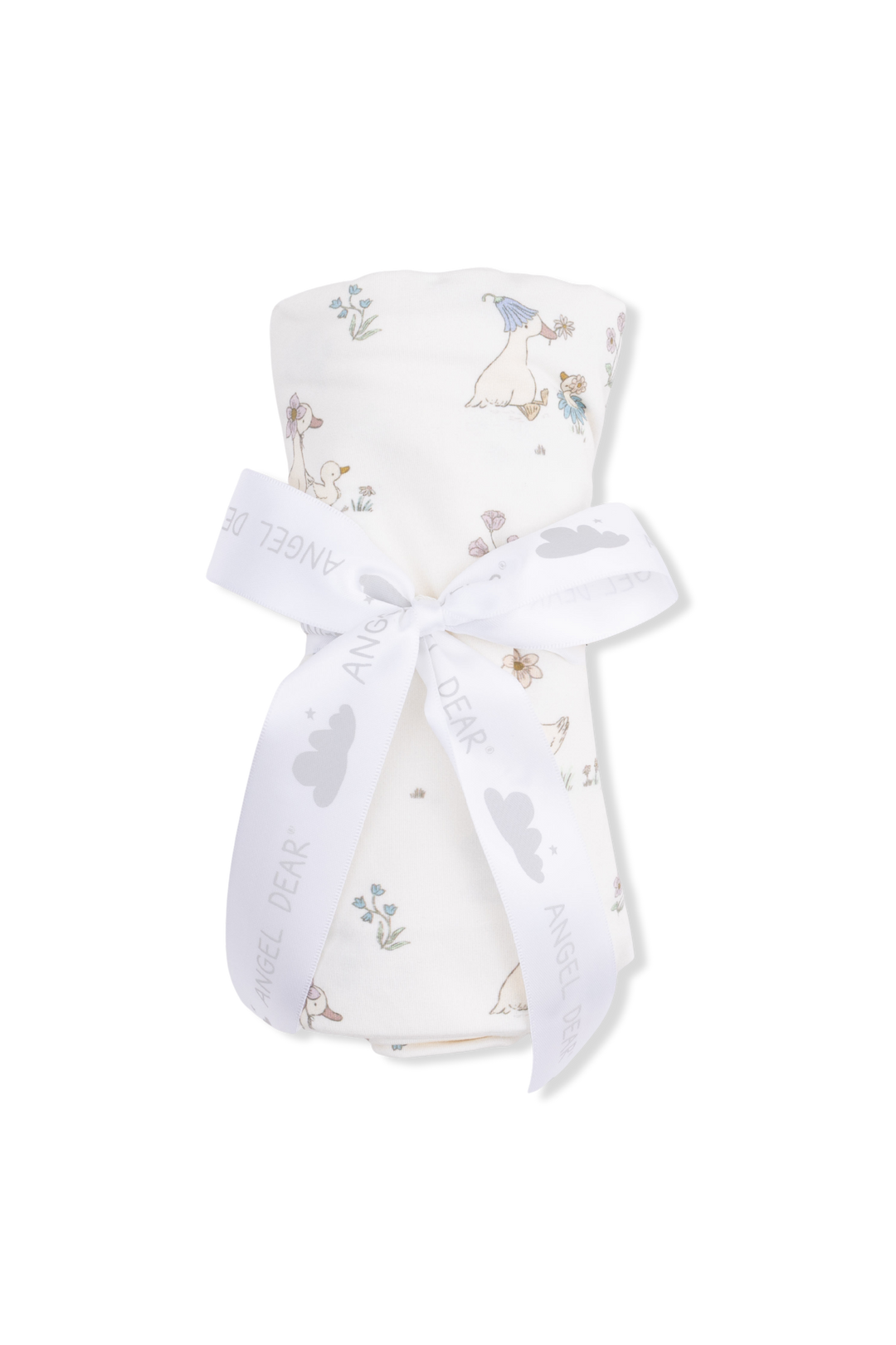 Baby blanket with animal pattern and white ribbon on a white background